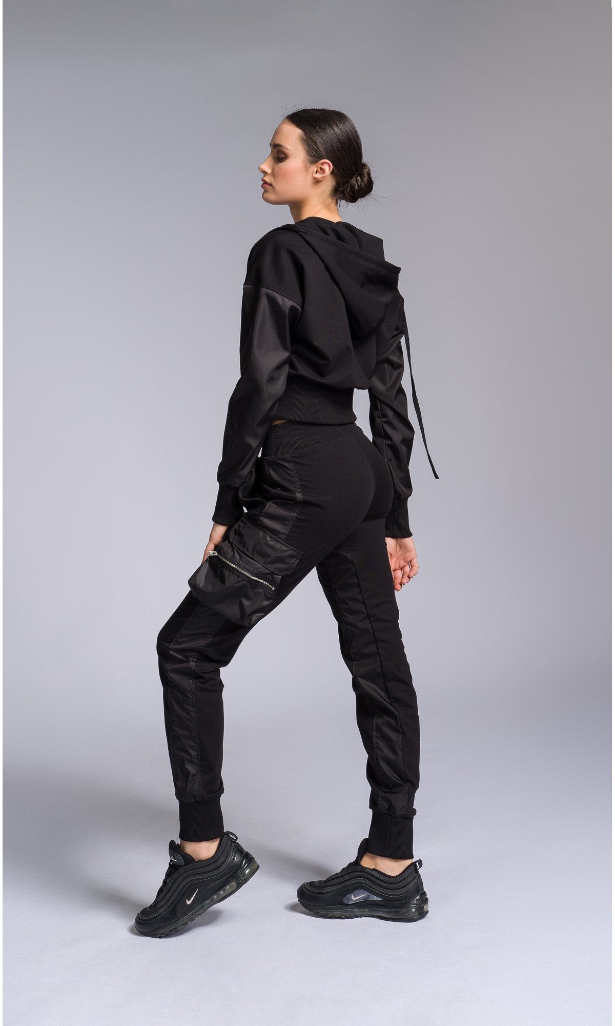 Mixed Fabric Joggers with Zippered Cargo Pockets - AAKASHA