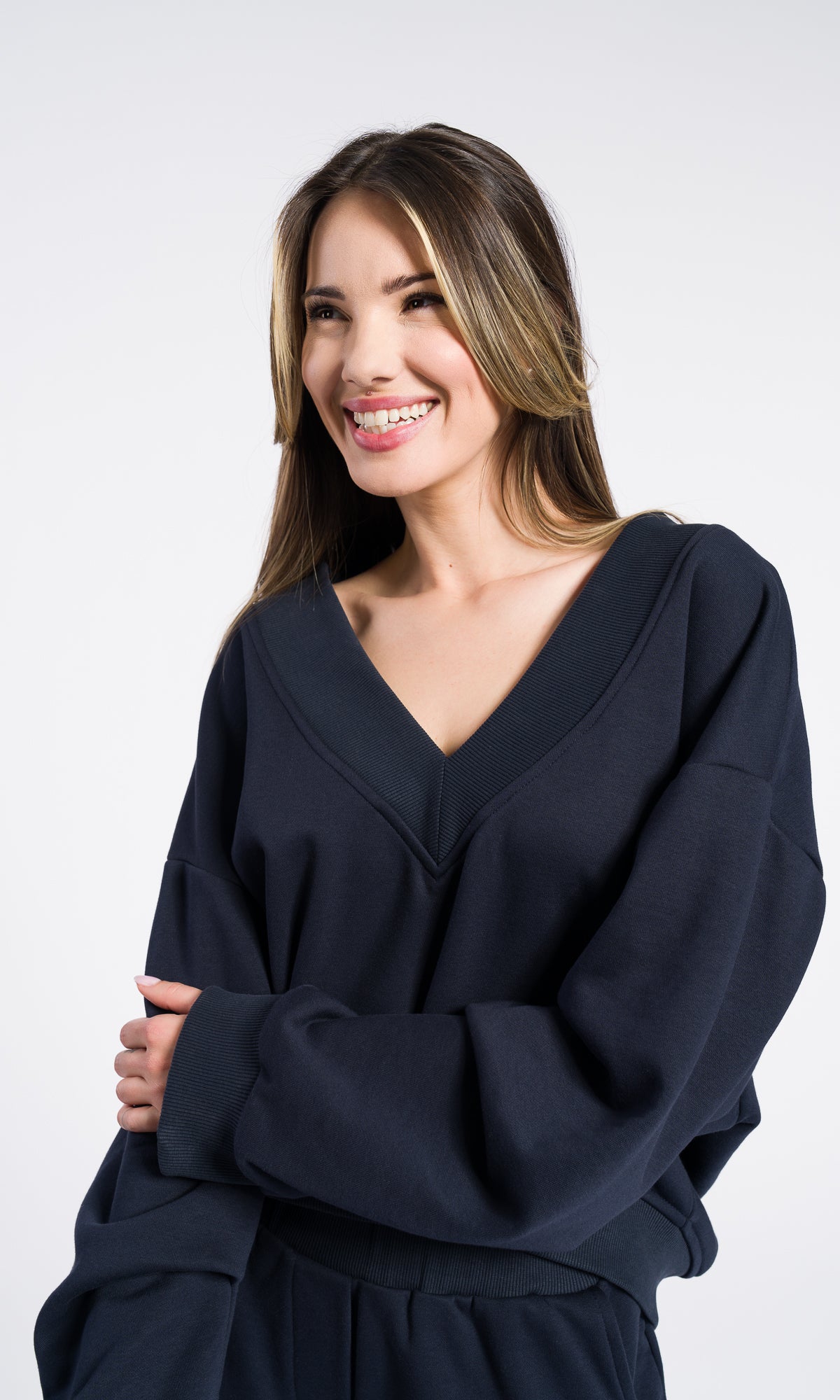 Off-Shoulder V-Neck Cotton Sweatshirt