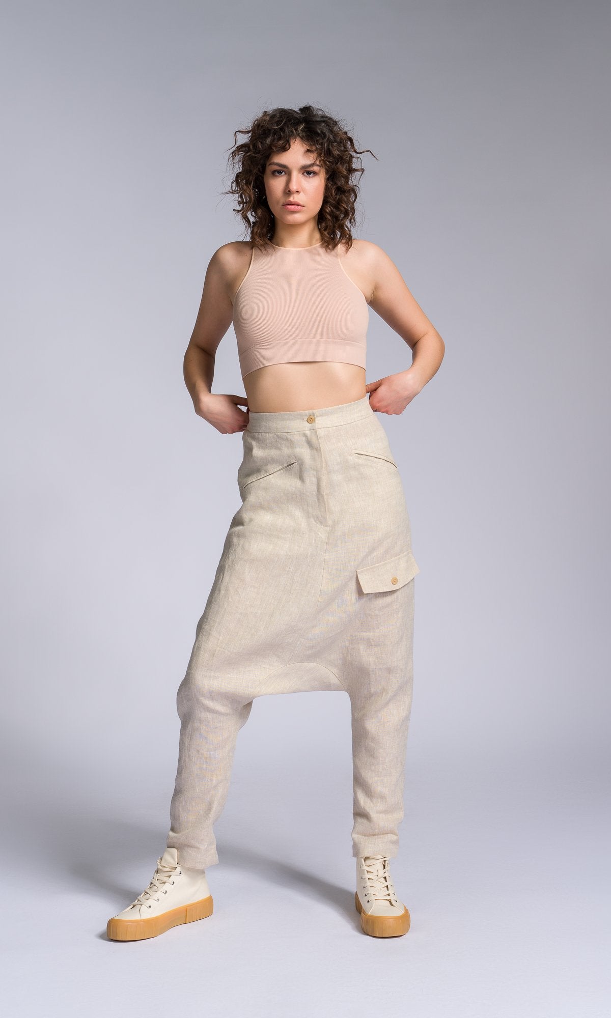 Linen Drop Crotch Pants with Decorative Flap Pocket - AAKASHA