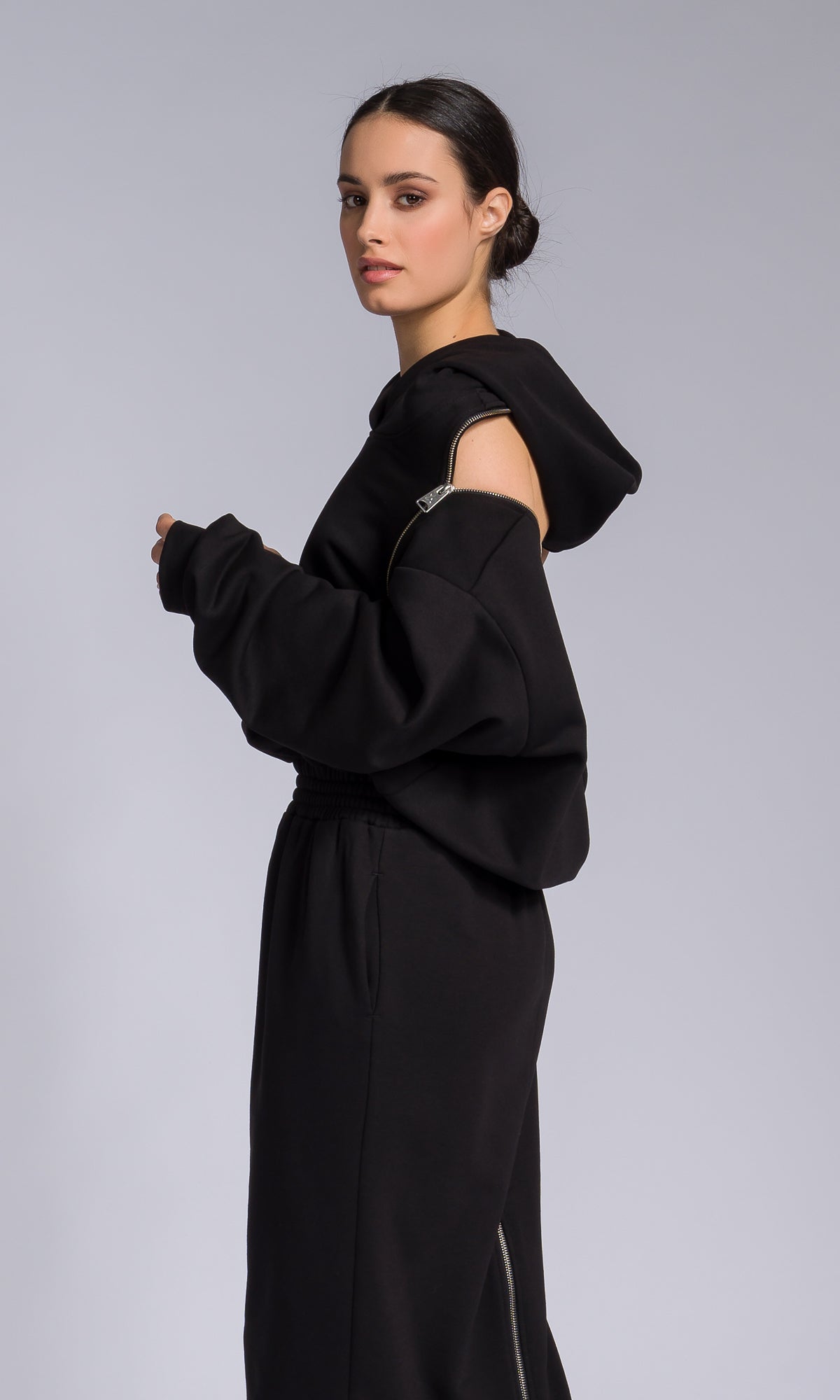 Hooded Cotton Dress with Zippered Shoulders - AAKASHA