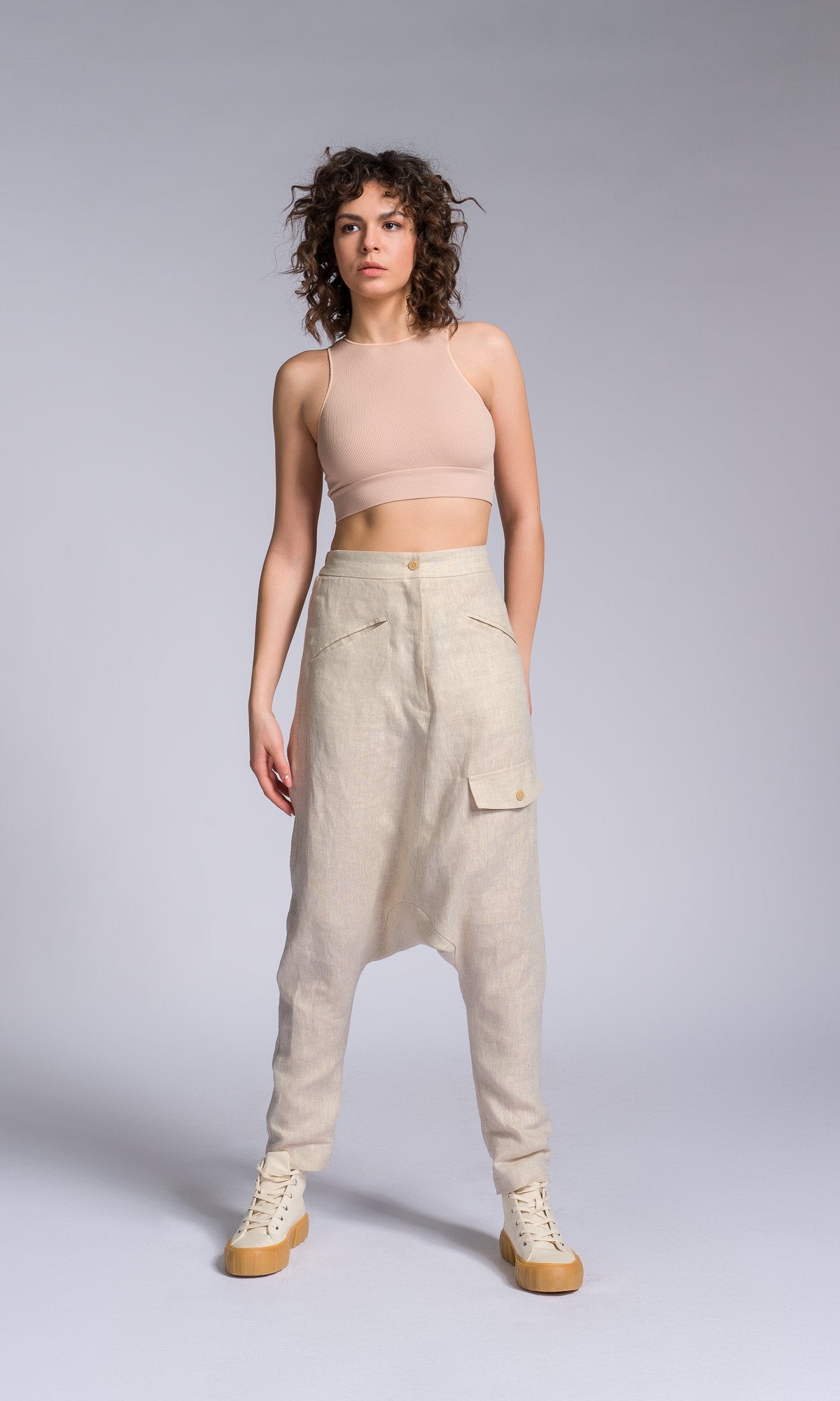 Linen Drop Crotch Pants with Decorative Flap Pocket - AAKASHA