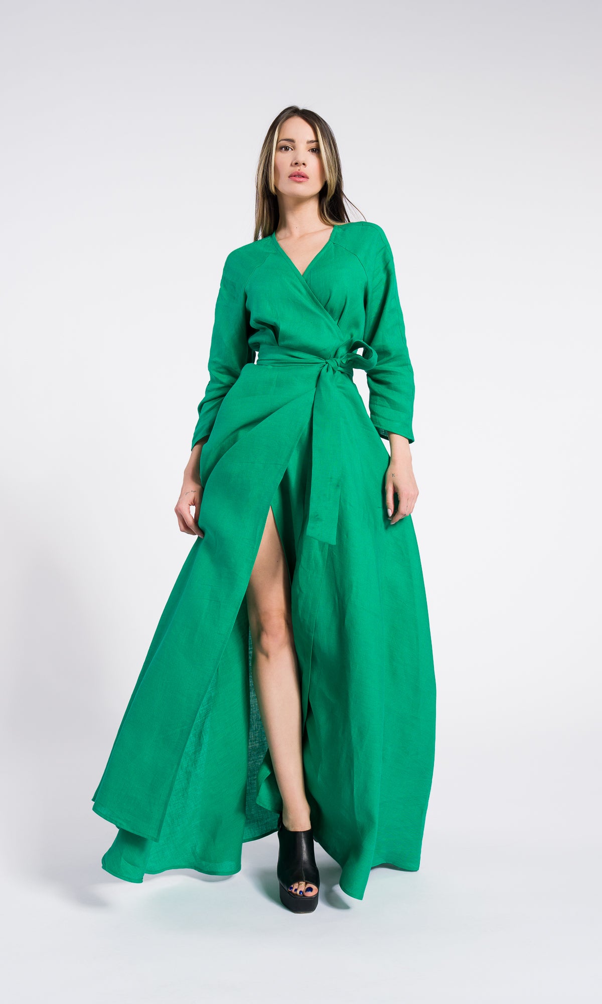 Maxi linen wrapped dress with belt and pockets , Summer long sleeves Dress, Party dress , Bohemian Flowing Dress