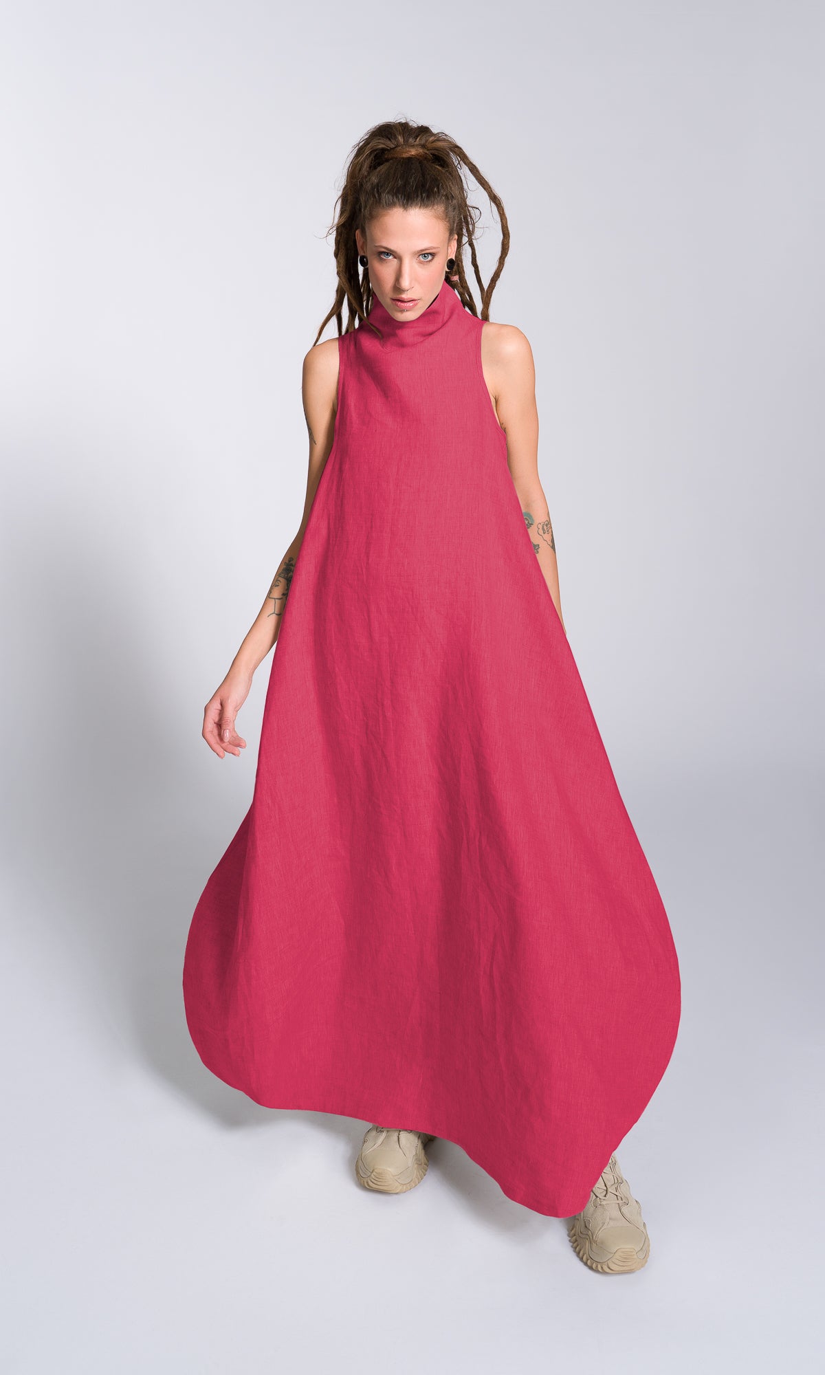 Linen High Neck Cocoon Dress - AAKASHA