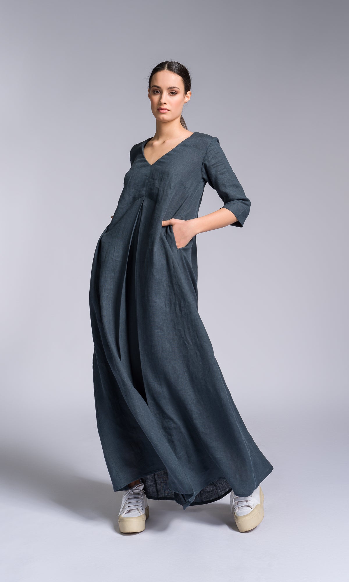 Maxi Linen Dress with Inverted Pleat - AAKASHA