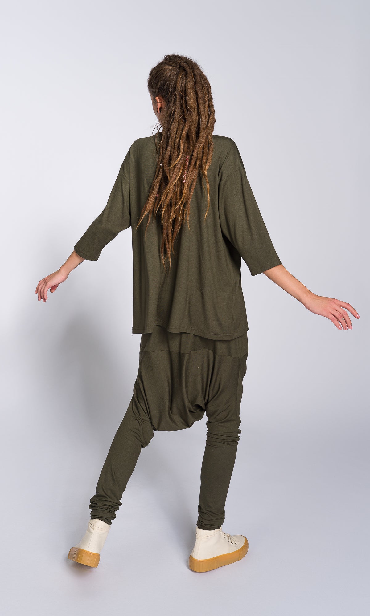 Two-piece Set of Blouse with Front Gathering and Loose Drop Crotch Pants