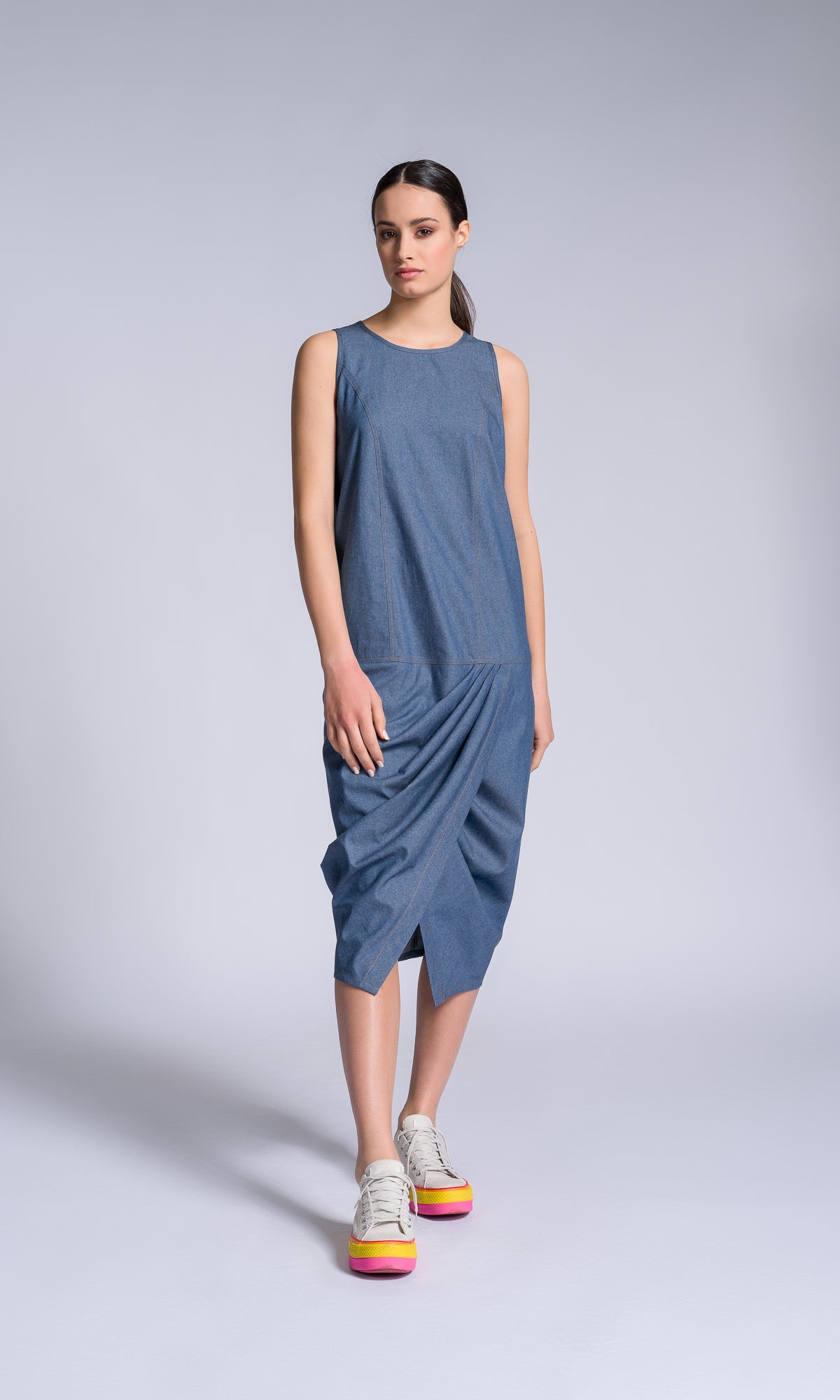 Chambray Dress with Twisted Pleat - AAKASHA