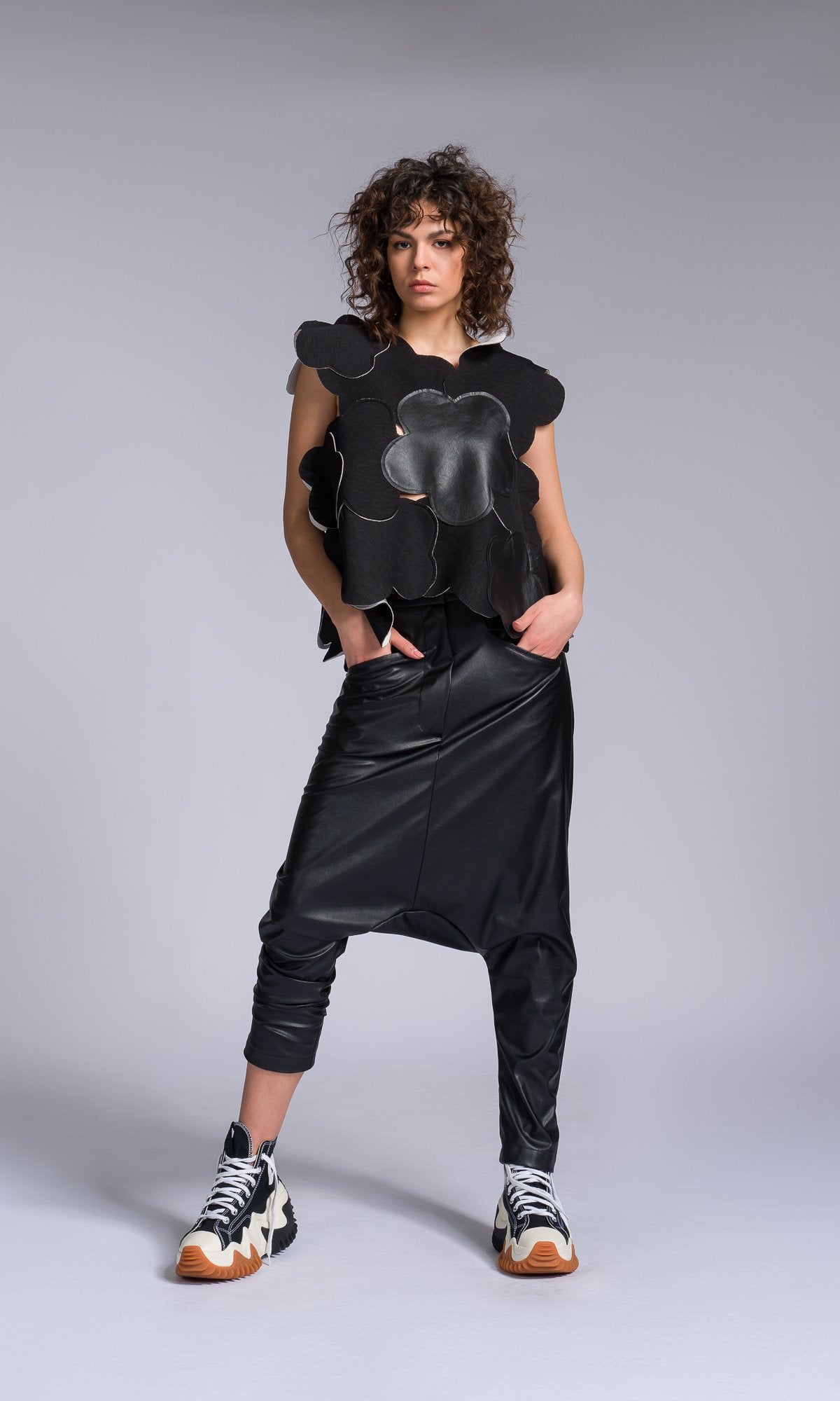 Vegan Leather Pants with Deep Drop Crotch - AAKASHA