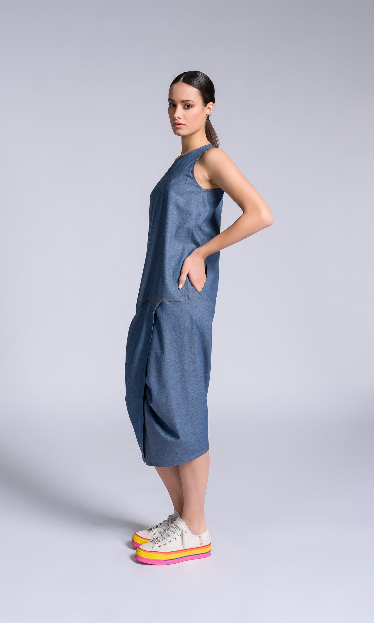 Chambray Dress with Twisted Pleat - AAKASHA
