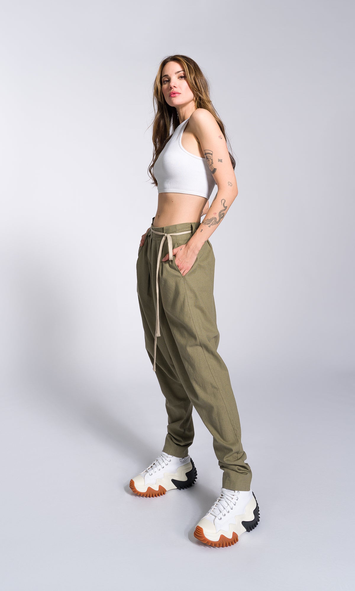 Linen Drop Crotch Pants with Front Pleats - AAKASHA