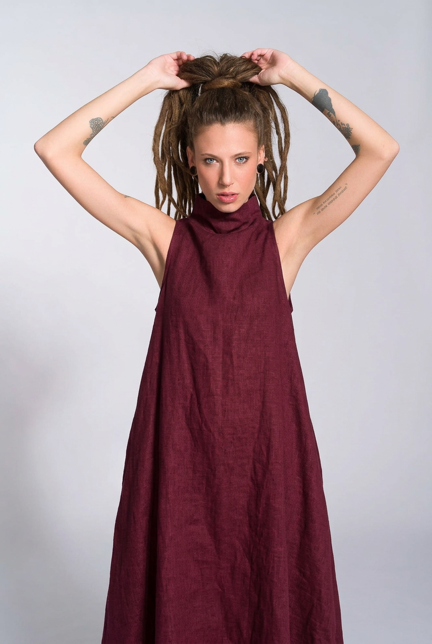 Leinen-Kokonkleid mit hohem Ausschnitt