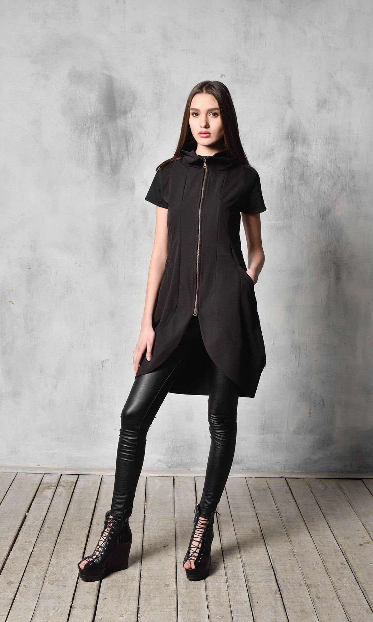 Black Tunic Dress with Front Zipper - AAKASHA