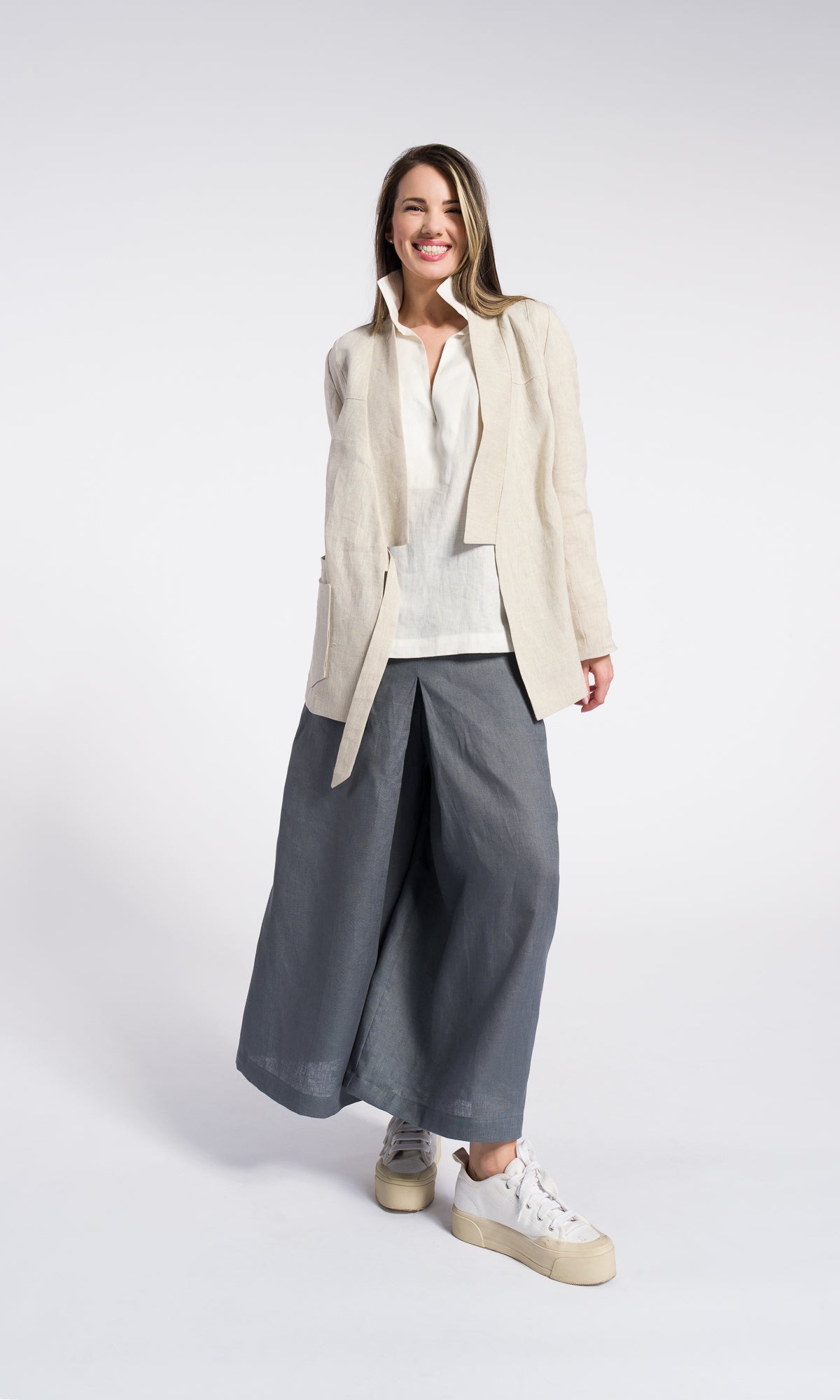 Linen Summer Kimono Blazer with pockets and stripes