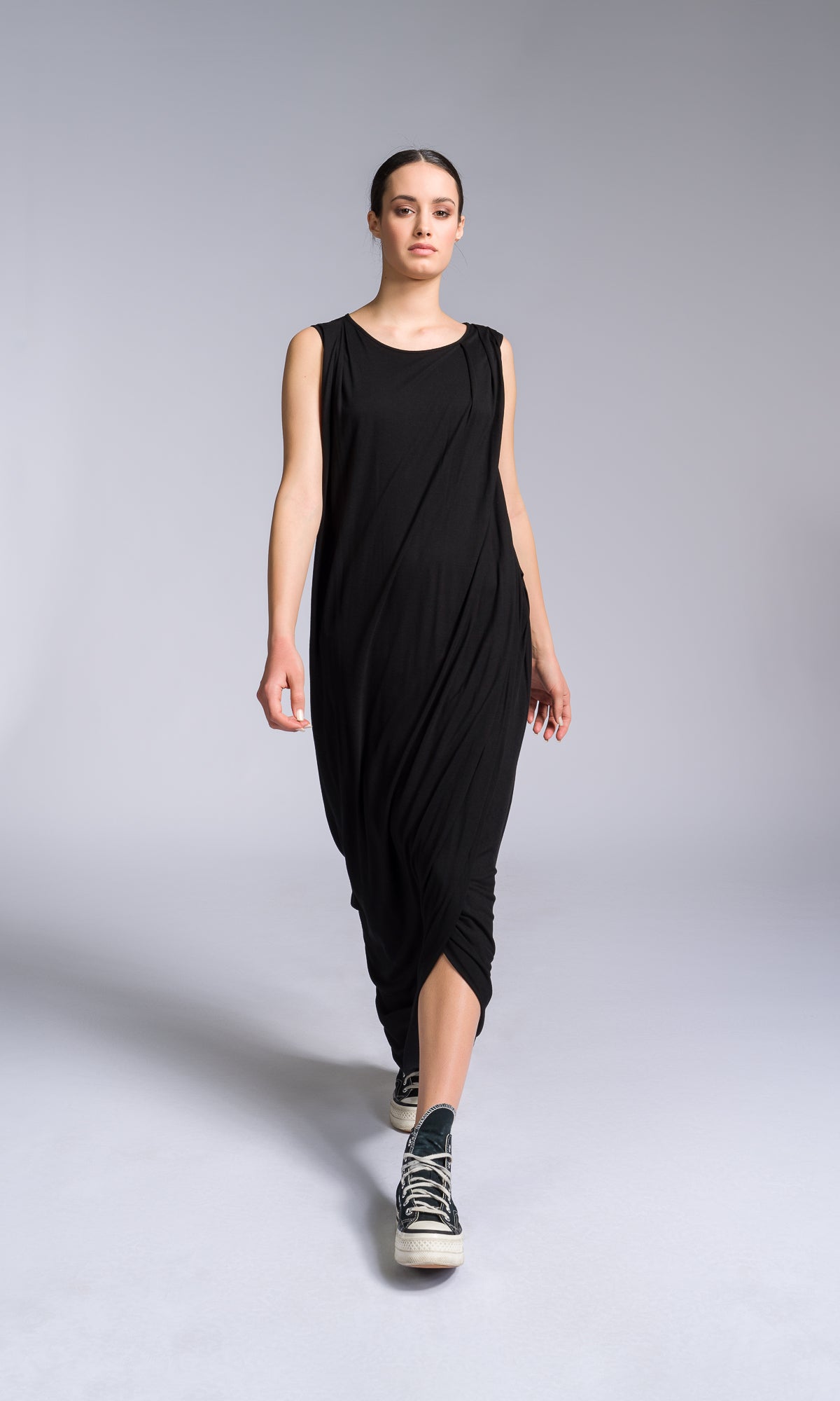 Jersey Dress with Asymmetric Draped Hem - AAKASHA