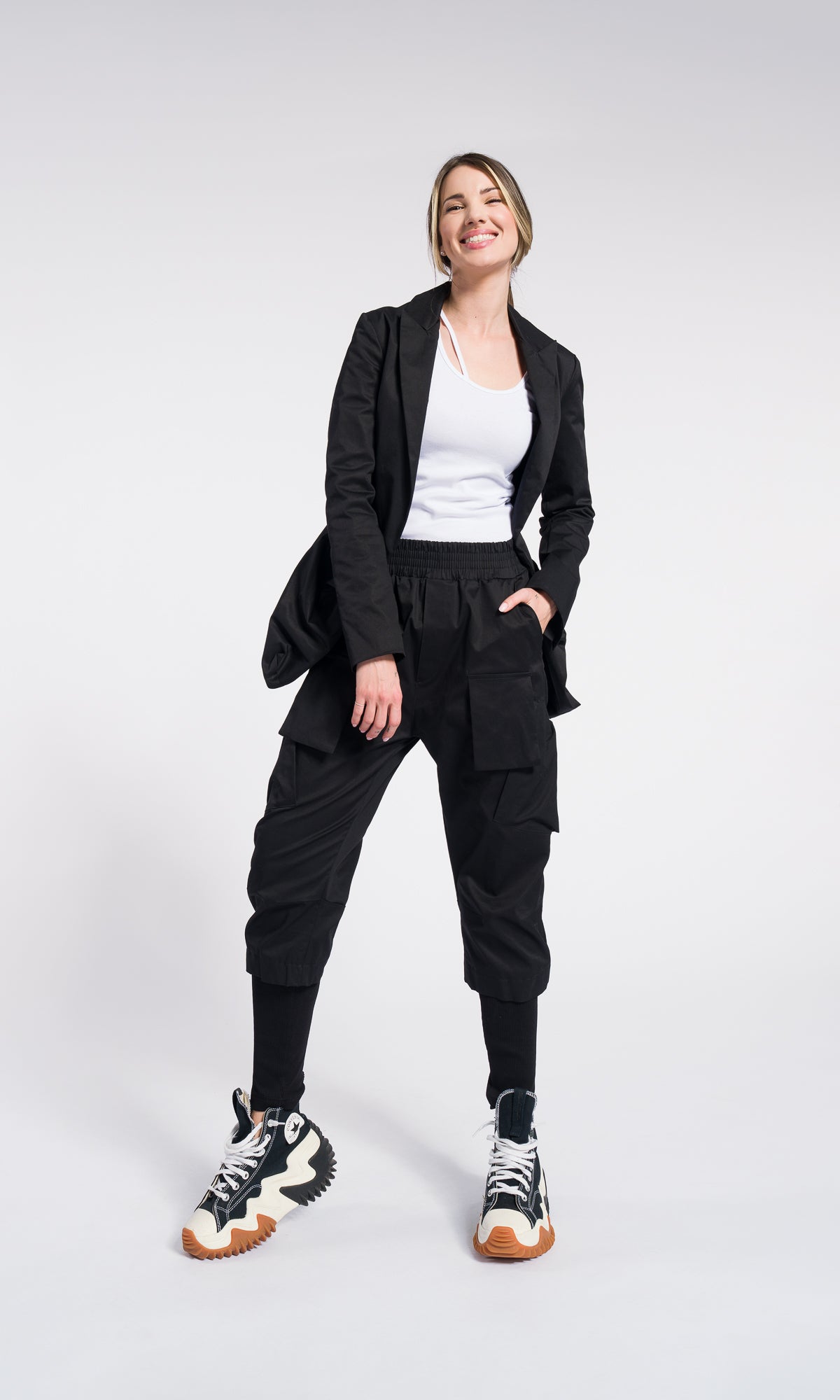 Black Asymmetrical Utility Blazer with Statement Pockets – Modern Minimalist Jacket