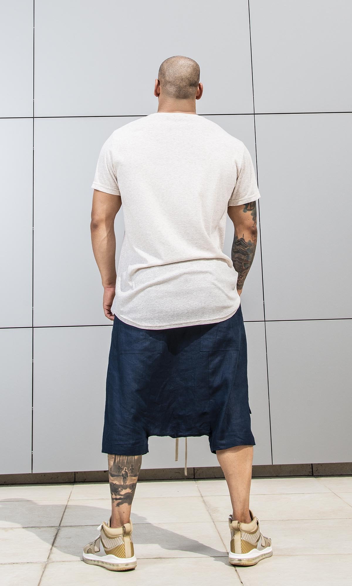 Linen Harem Shorts with Deep Drop Crotch - AAKASHA