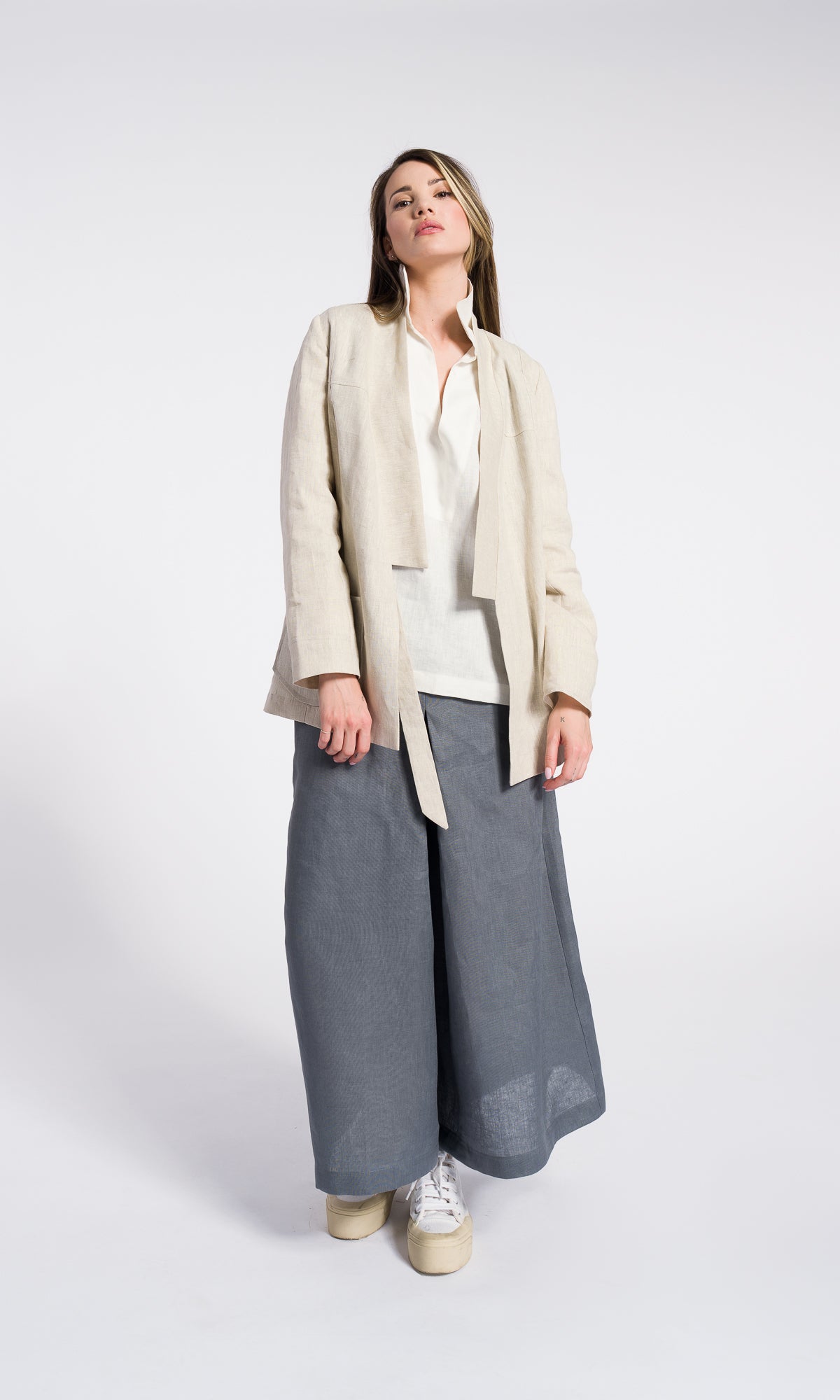 Linen Summer Kimono Blazer with pockets and stripes