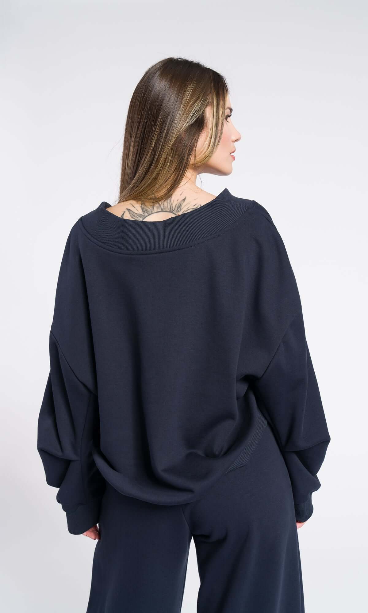 Sweat-shirt en coton à col V / Top ample sexy à épaules dénudées