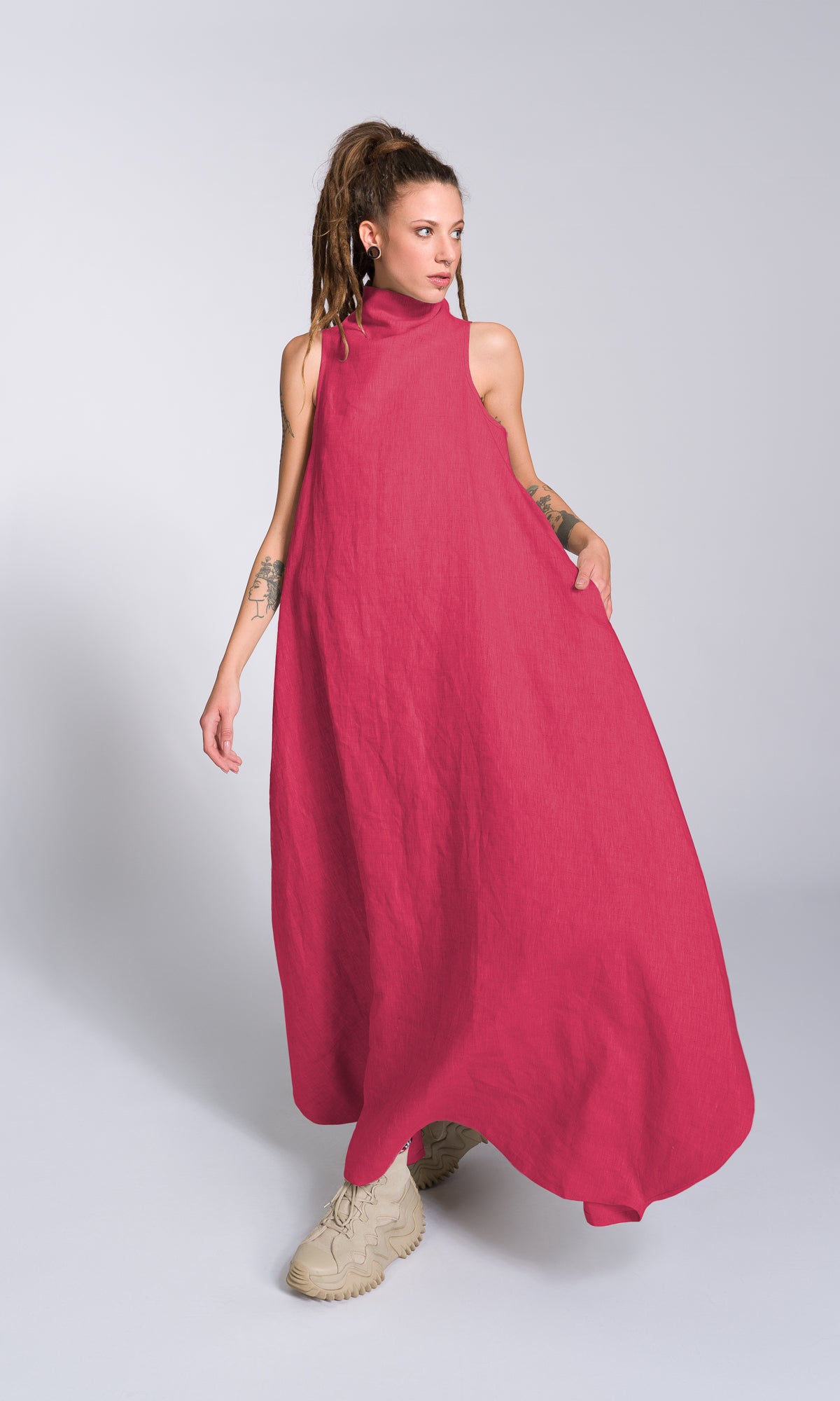 Linen High Neck Cocoon Dress - AAKASHA