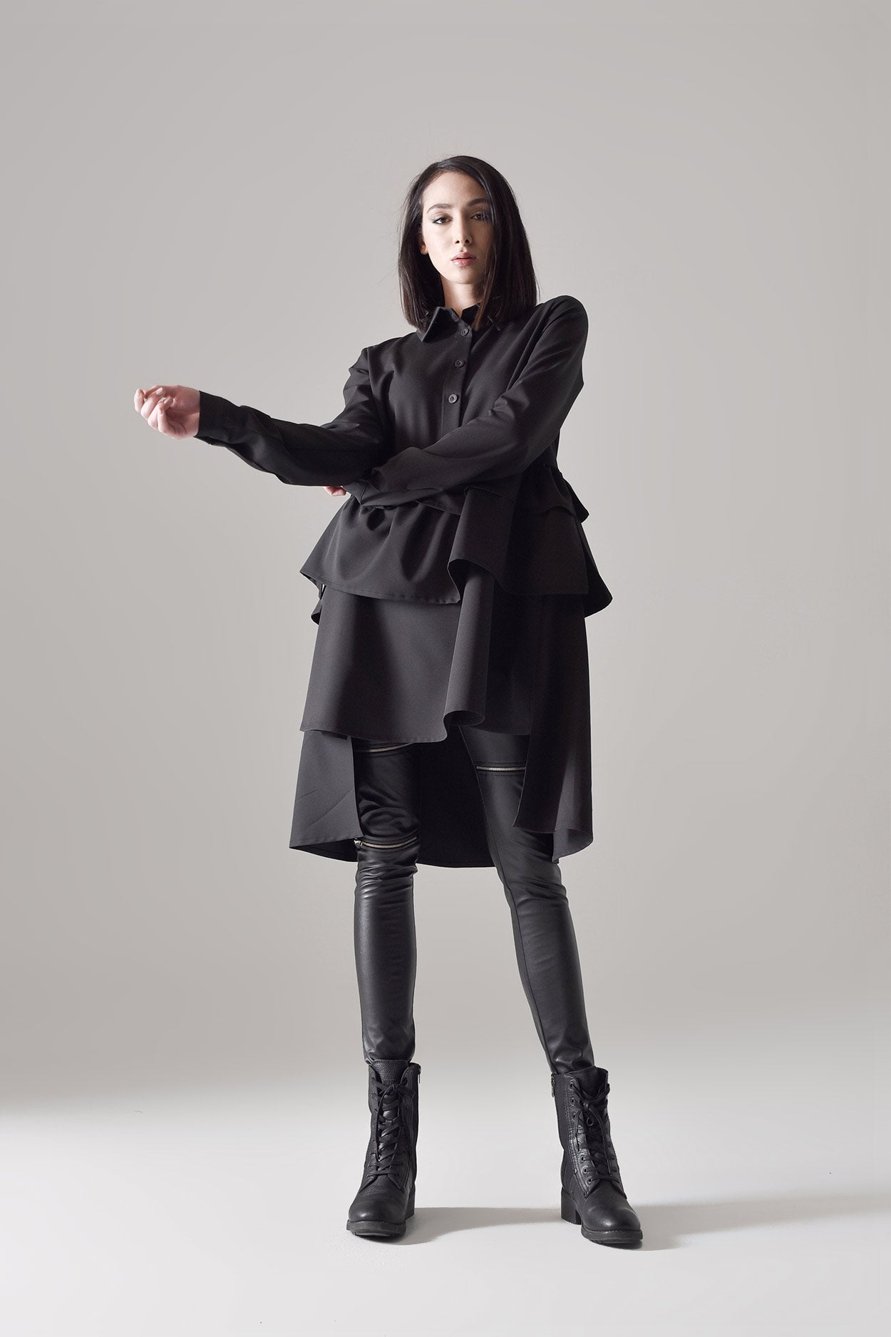 Long sleeve frill hem shirt dress
