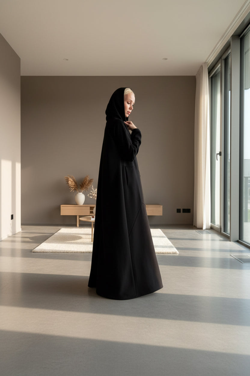 Person wearing a long black garment in an indoor setting with a neutral background