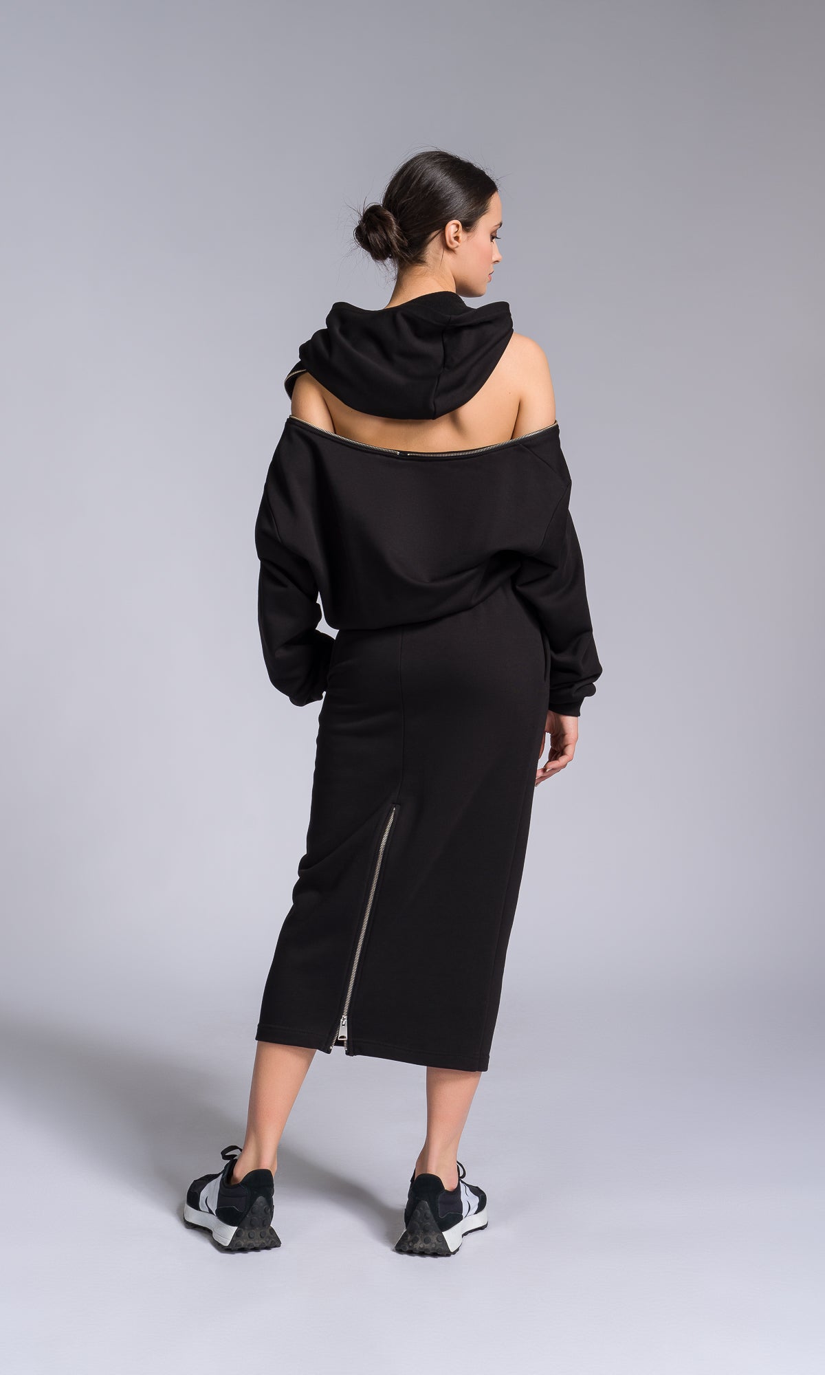 Hooded Cotton Dress with Zippered Shoulders - AAKASHA