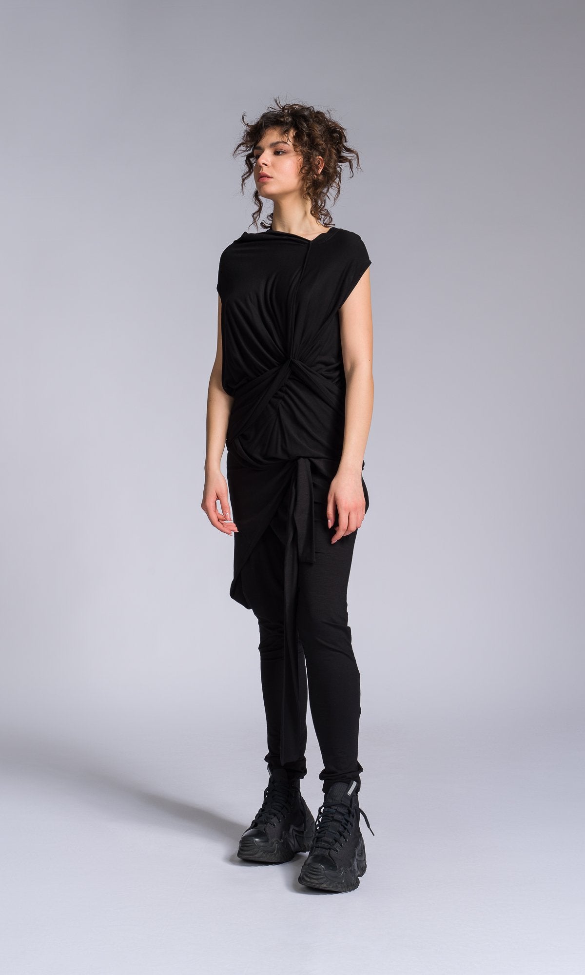Two-piece Set of Twisted Drapes Top and Jersey Wrap Pants