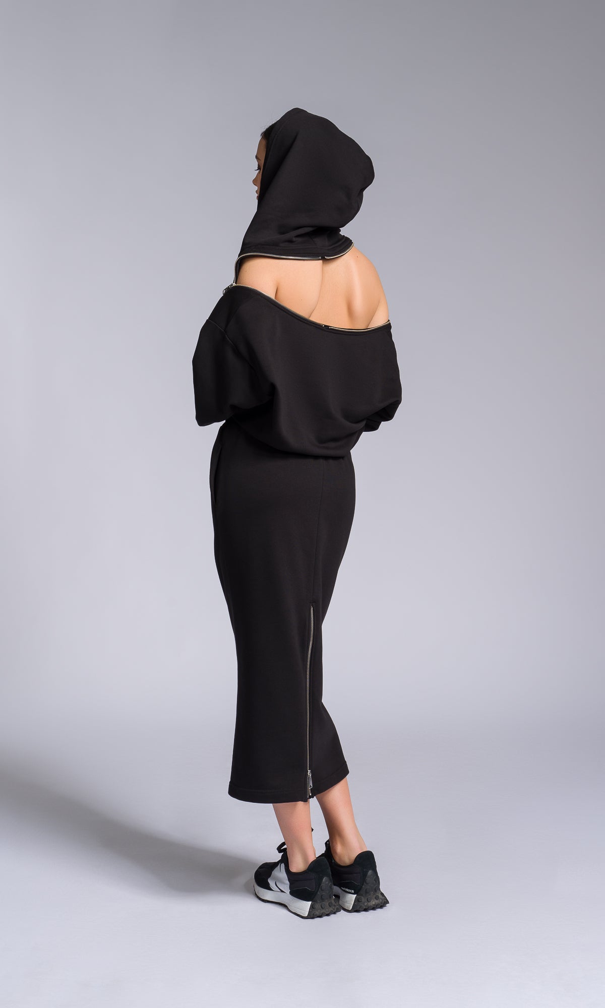 Hooded Cotton Dress with Zippered Shoulders - AAKASHA