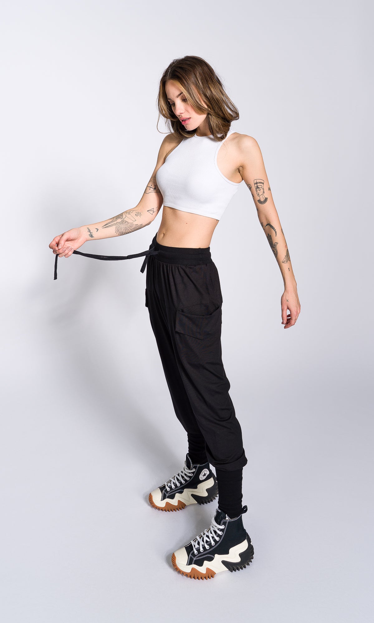 Loose Drop Crotch Pants with Ribbed Cuffs - AAKASHA