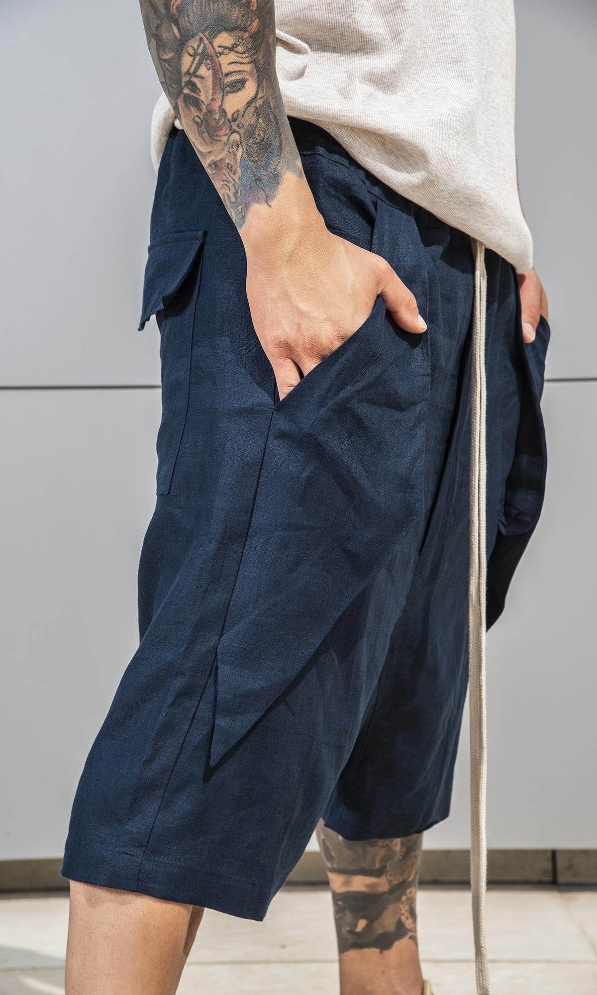 Linen Harem Shorts with Deep Drop Crotch - AAKASHA