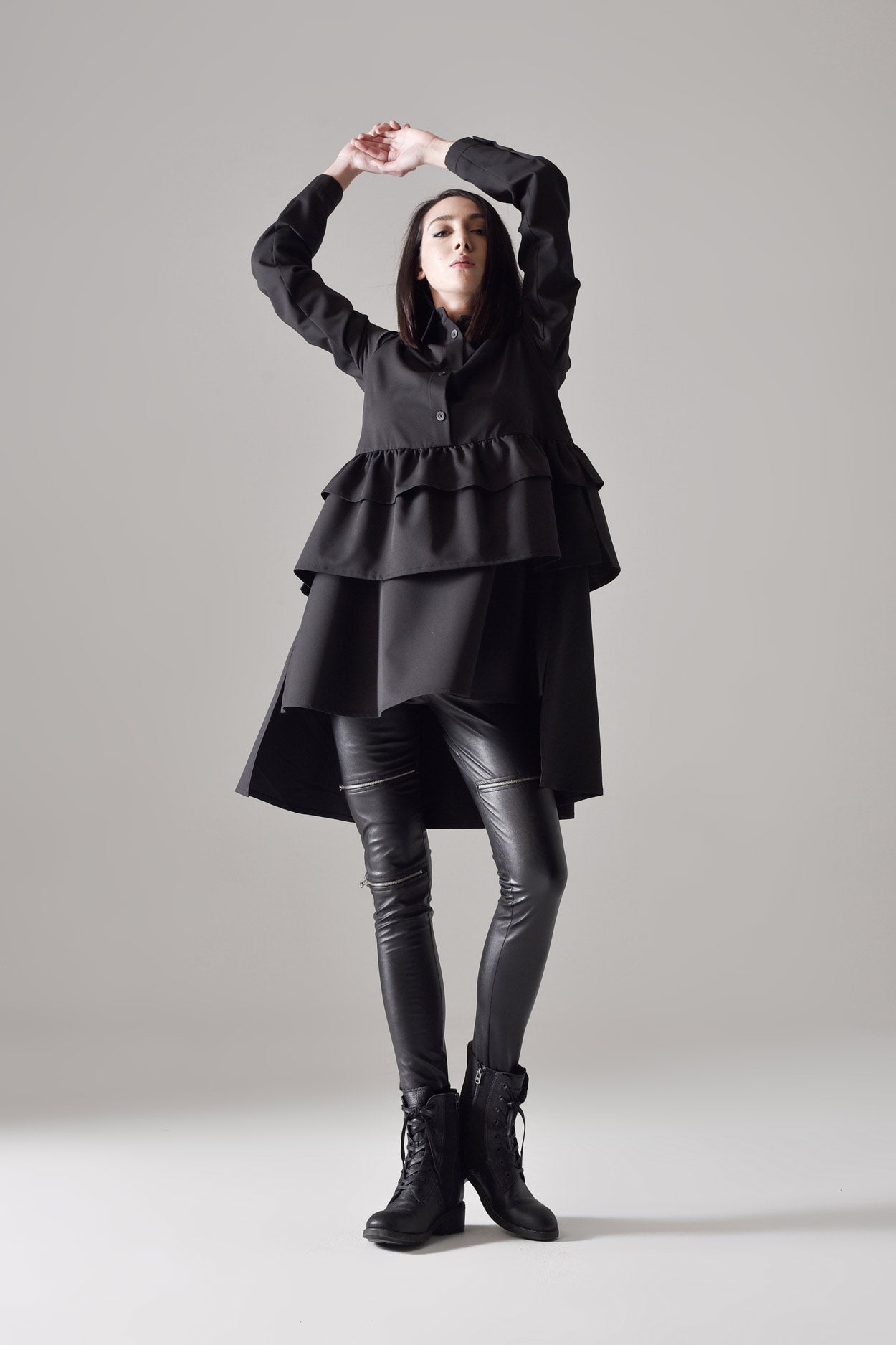 Long sleeve frill hem shirt dress