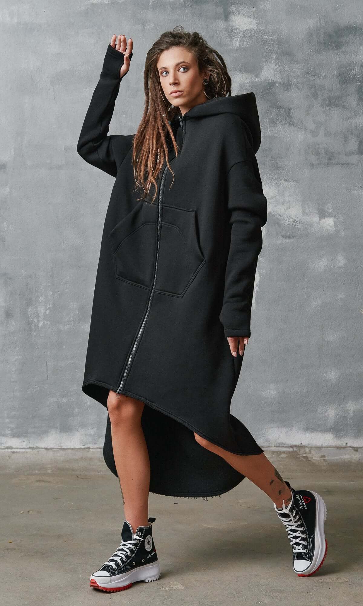 Hoodie extra-long zippé