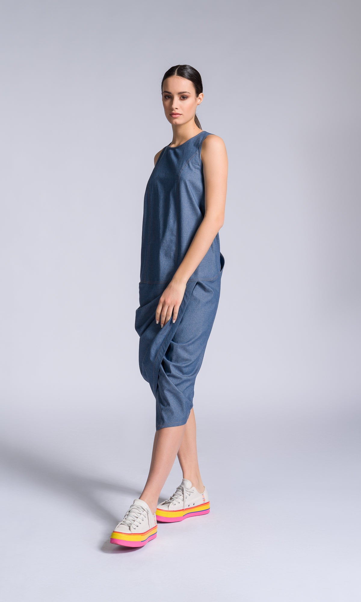 Chambray Dress with Twisted Pleat - AAKASHA