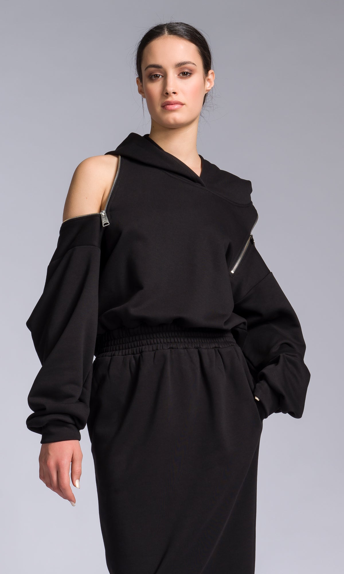 Hooded Cotton Dress with Zippered Shoulders - AAKASHA