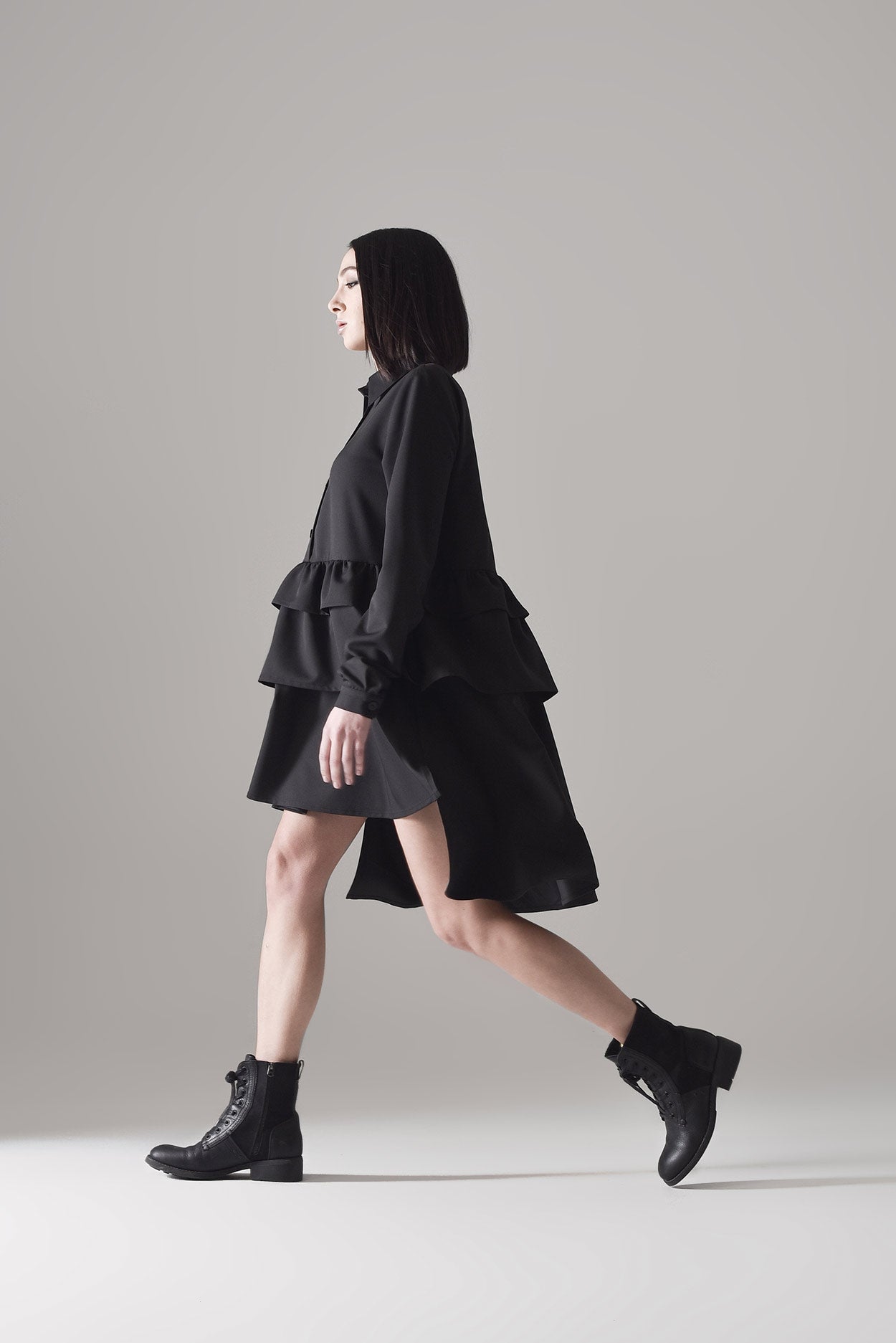 Long sleeve frill hem shirt dress