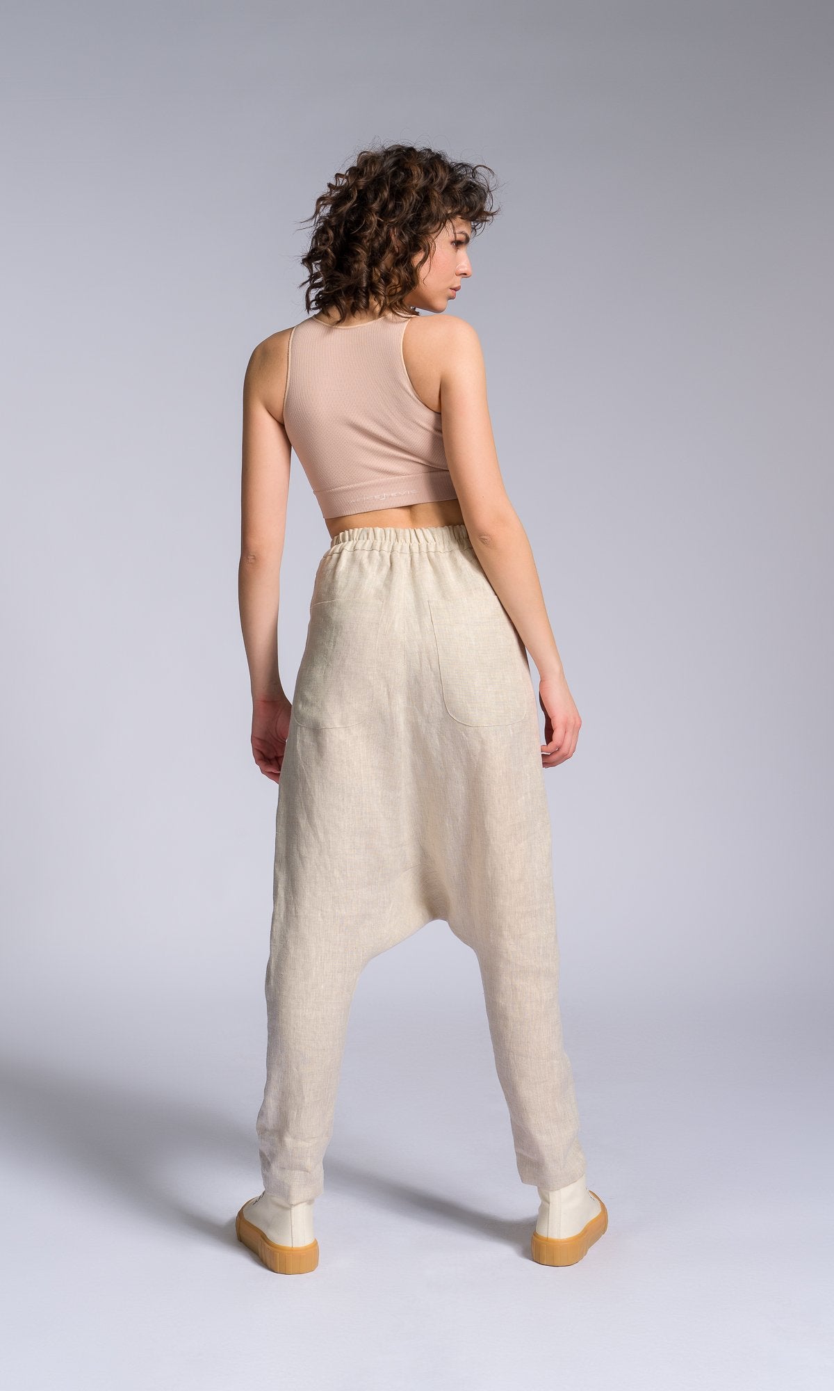 Linen Drop Crotch Pants with Decorative Flap Pocket - AAKASHA