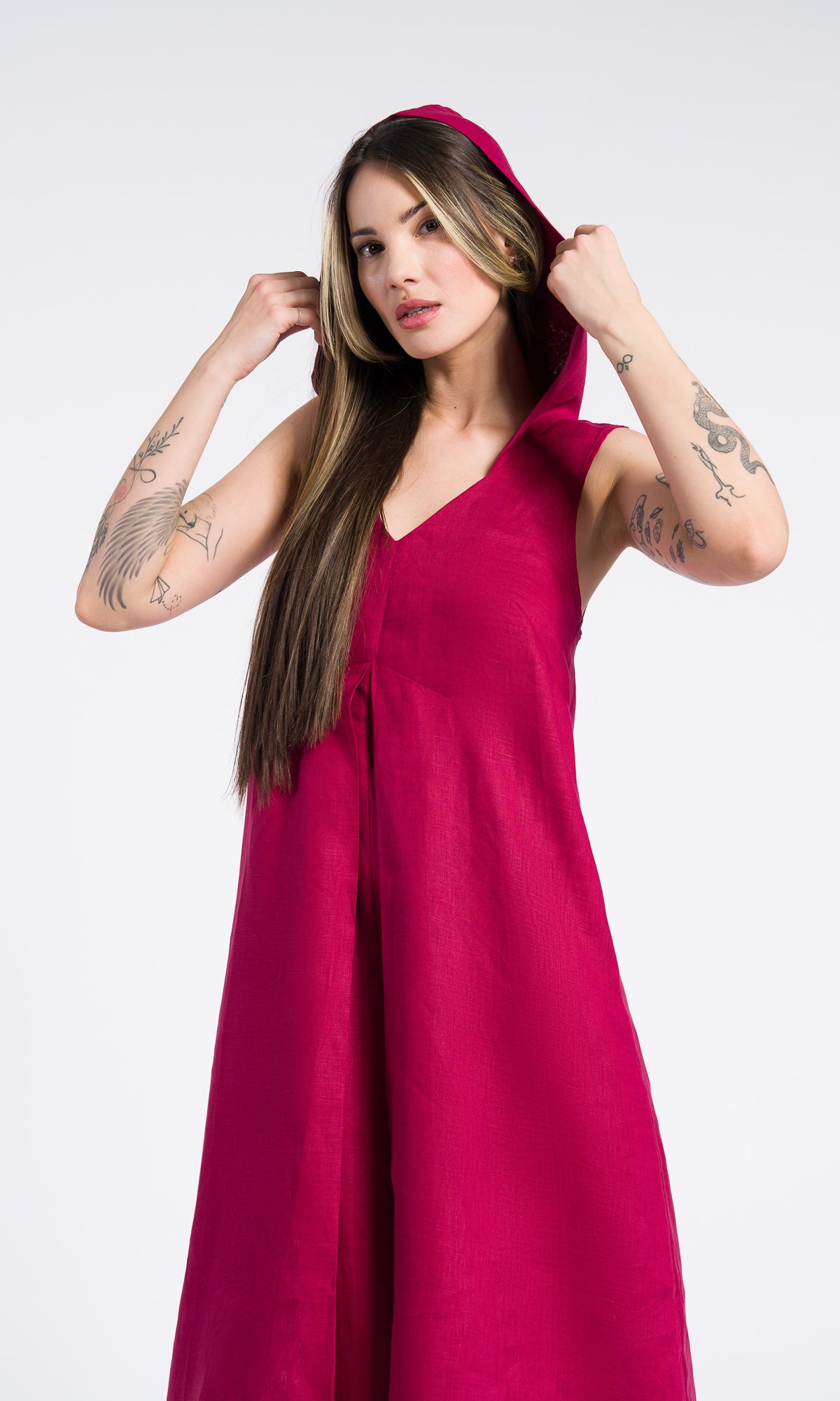 Linen Summer Maxi Dress, Front Pleat Maxi Dress with Hood and side pockets