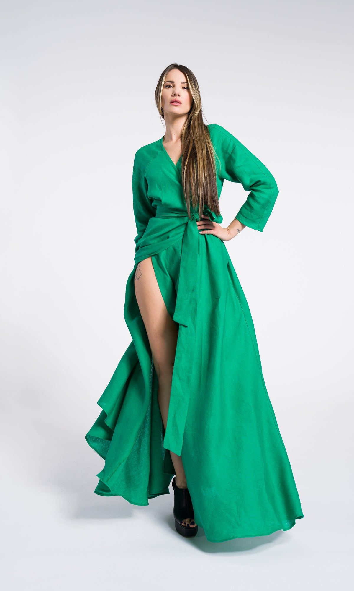 Maxi linen wrapped dress with belt and pockets , Summer long sleeves Dress, Party dress , Bohemian Flowing Dress