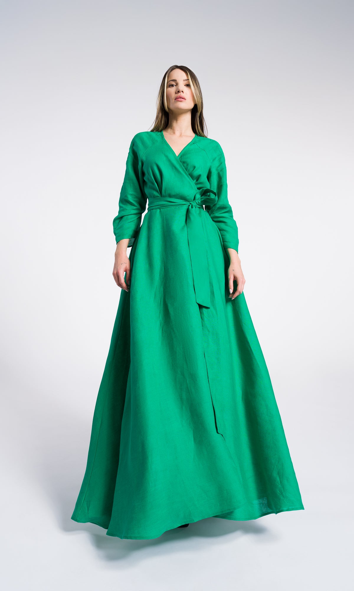 Maxi linen wrapped dress with belt and pockets , Summer long sleeves Dress, Party dress , Bohemian Flowing Dress