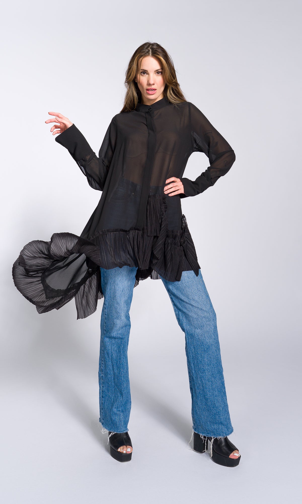 Pleated Hem Asymmetric Chiffon Shirt - AAKASHA