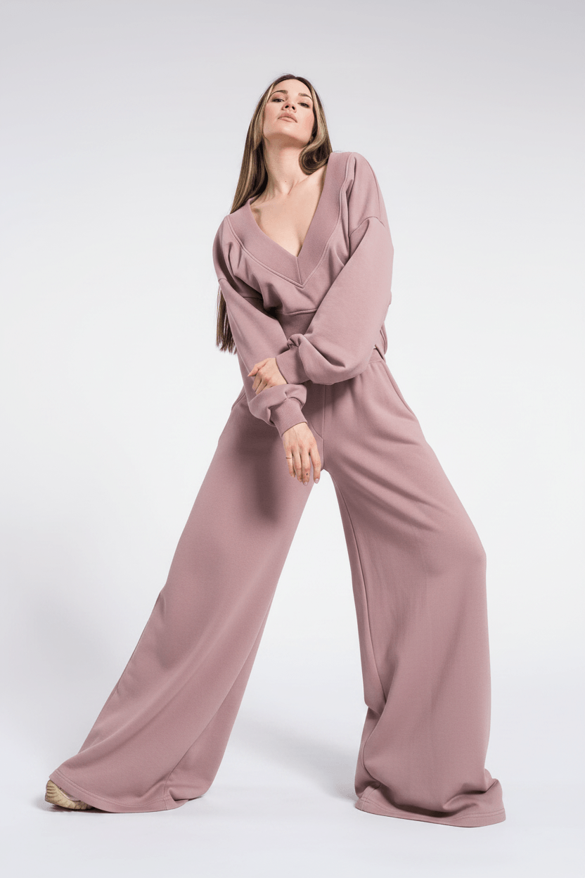 Ensemble décontracté en coton avec crop top à col V et pantalon à jambes larges