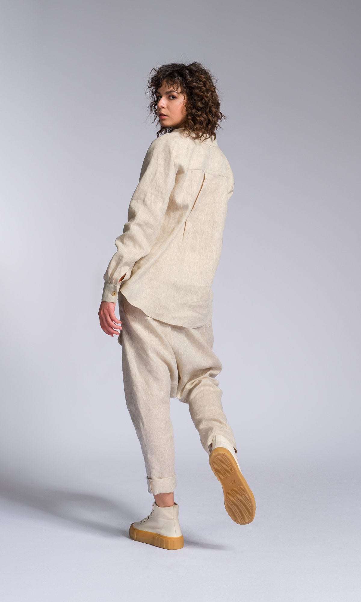 Linen Drop Crotch Pants with Decorative Flap Pocket - AAKASHA