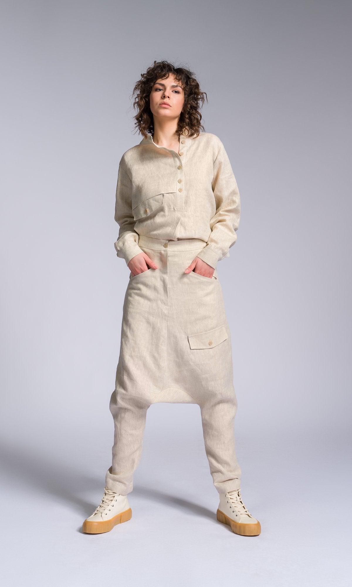 Linen Drop Crotch Pants with Decorative Flap Pocket - AAKASHA