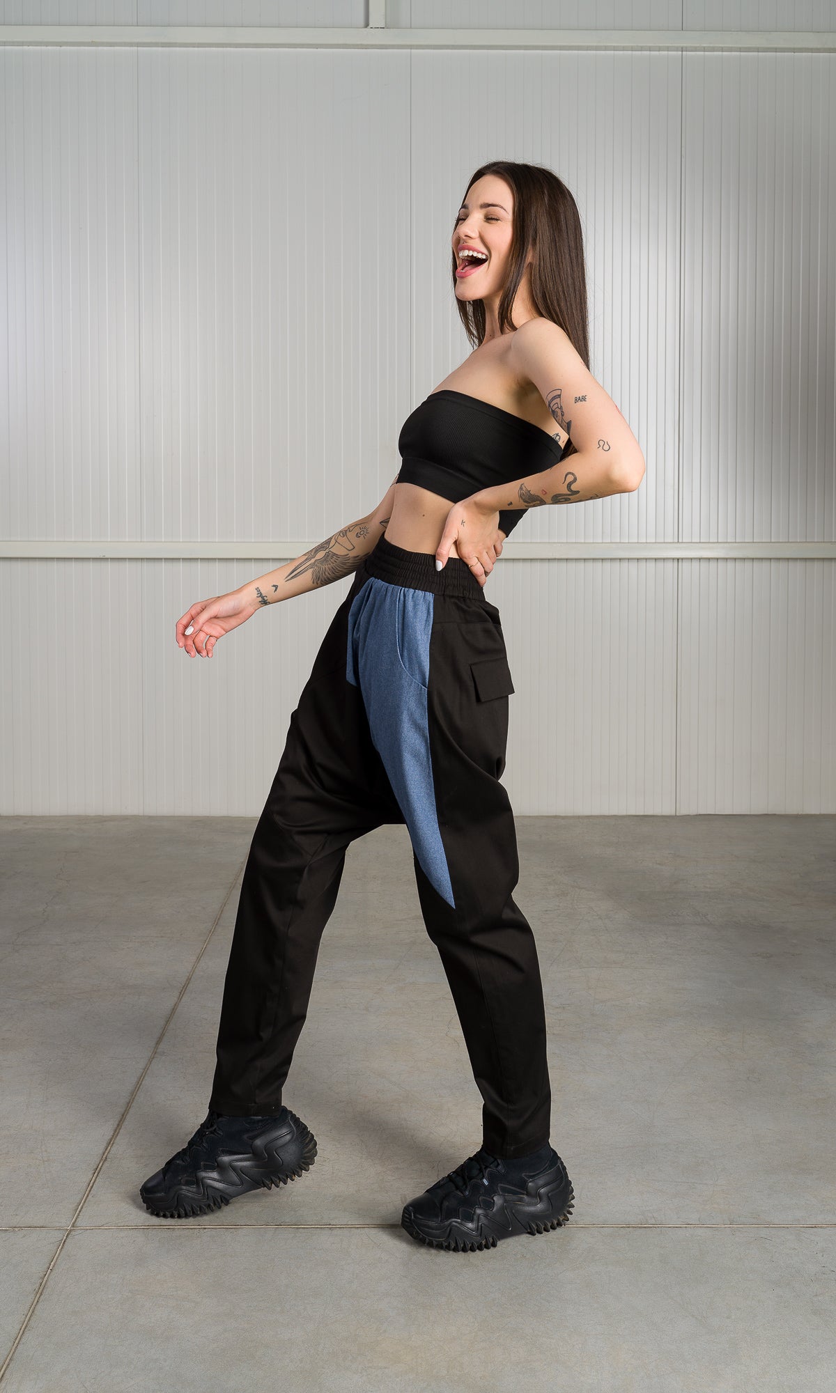 Drop Crotch Pants with Chambray Detail - AAKASHA