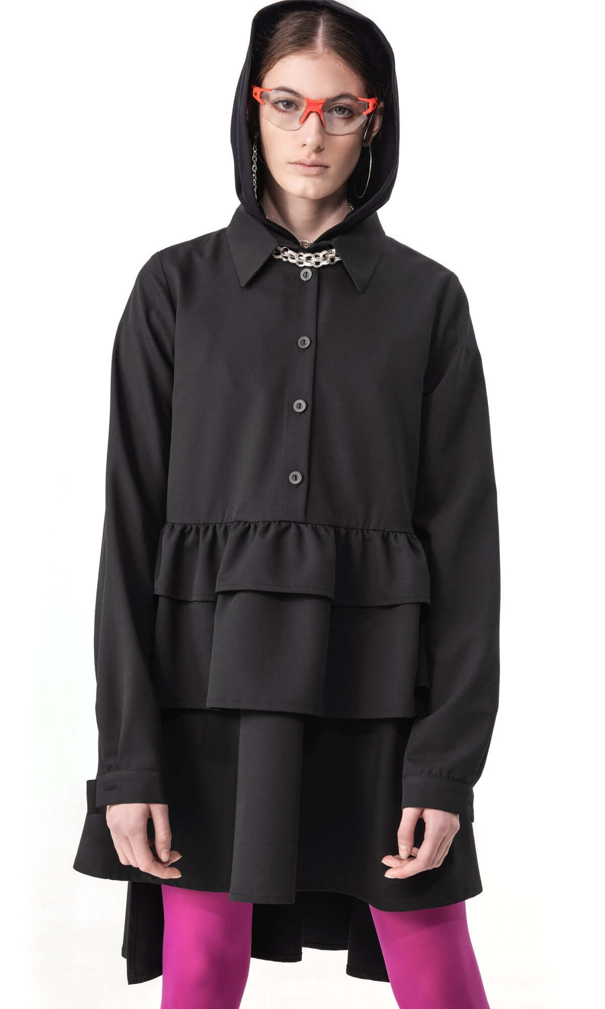Robe-chemise à manches longues et ourlet volanté