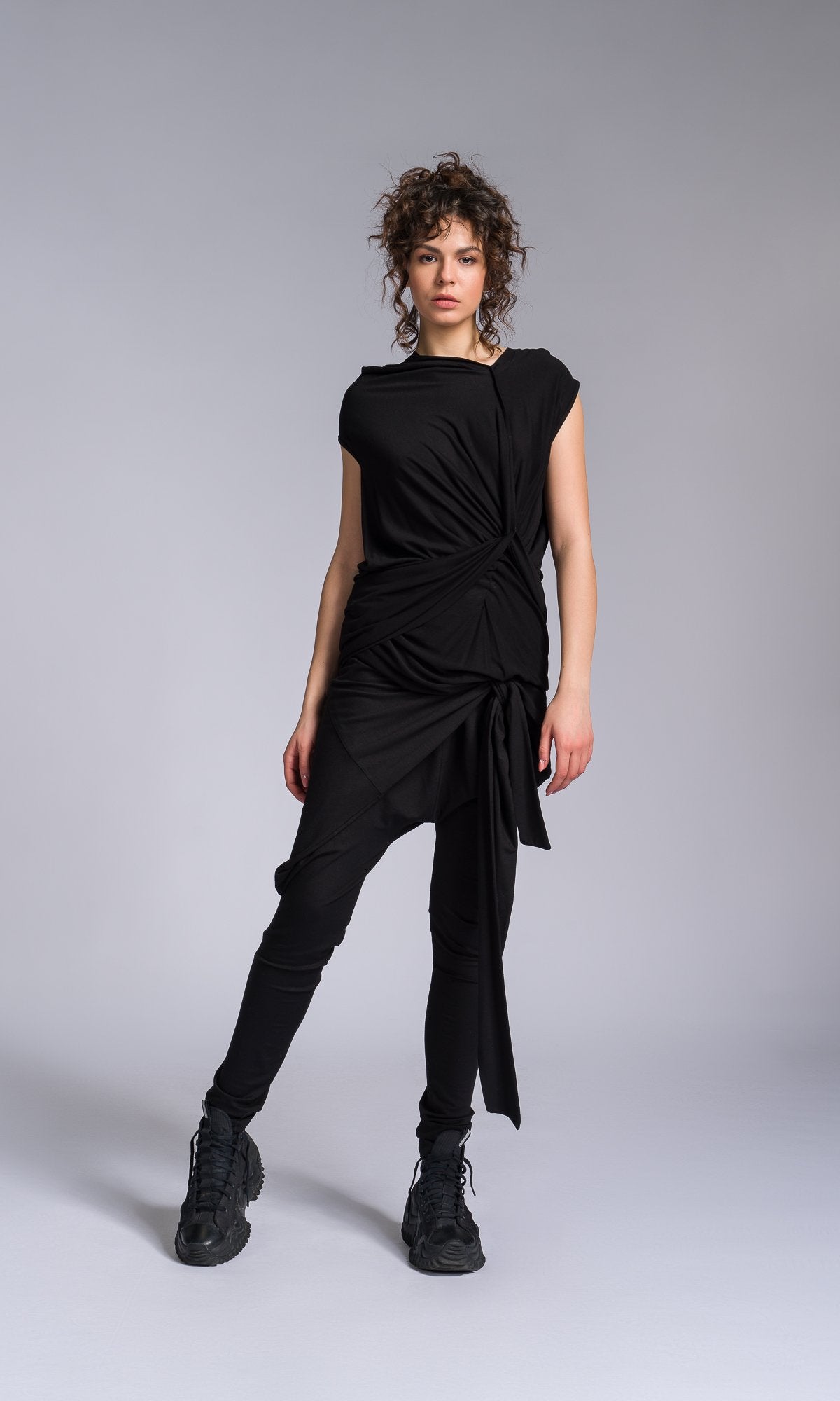 Two-piece Set of Twisted Drapes Top and Jersey Wrap Pants