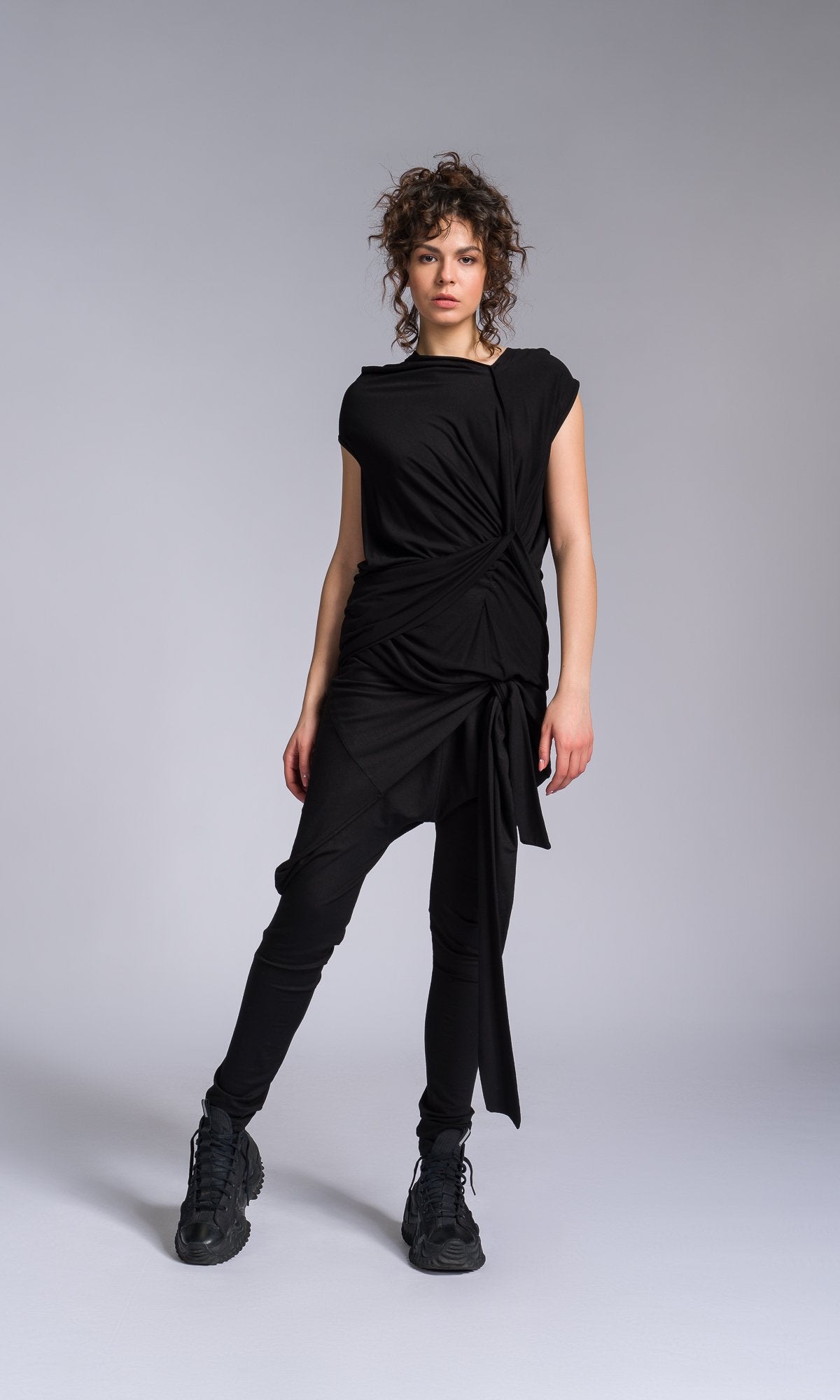 Two-piece Set of Twisted Drapes Top and Jersey Wrap Pants - AAKASHA