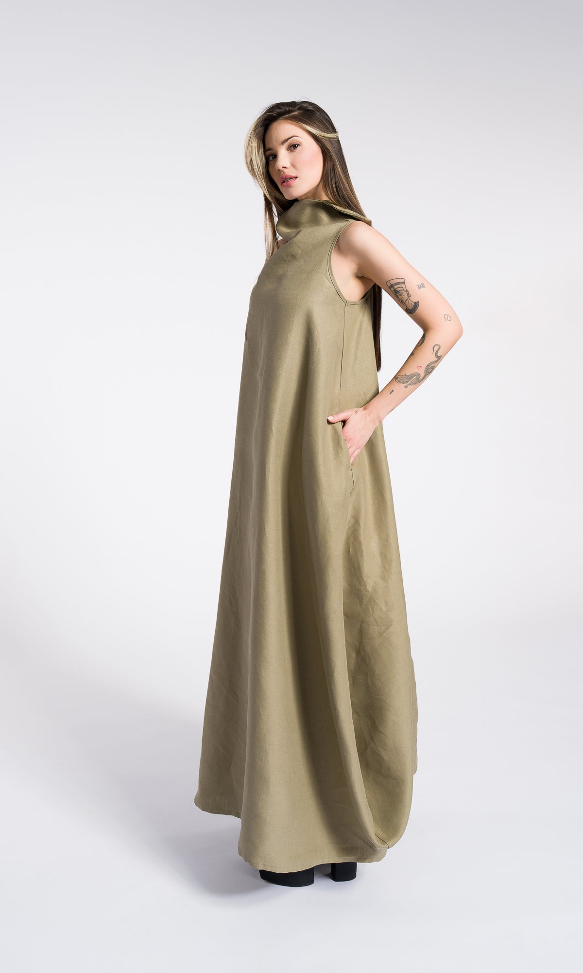 Linen High Neck Cocoon Dress