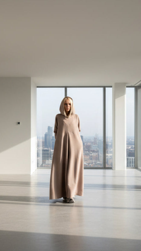 Maxi Hooded Cotton Dress with Plates and Side Pockets