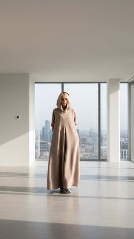 Person wearing a long, light pink hooded garment in a minimalistic setting.