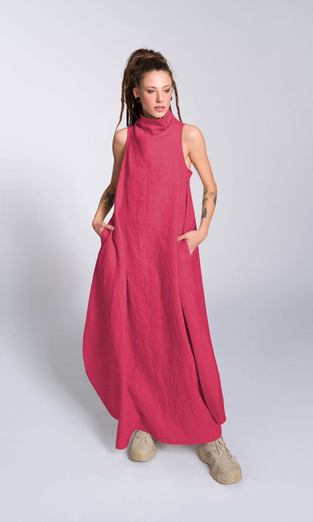 Linen High Neck Cocoon Dress - AAKASHA